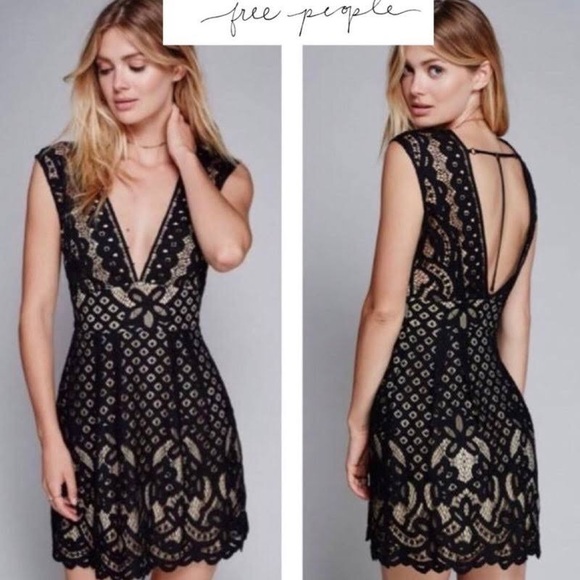 FREE PEOPLE One Million Lovers Lace Mini Dress Black / Nude LBD 2 - Picture 12 of 12